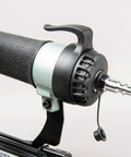 Close-up of pneumatic connector on 23 Gauge Pin Nailer Kit For Fine Trim And Molding Pneumatic Nailer With Built In Silencer Depth Adjustable For Half To Two Inch Pins Includes Safety Glasses Case And Oil NP50A