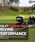 Golf carts on a course with Course Pro tires for traction and smooth ride, focus on non-directional street style tread.