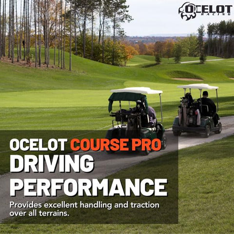 Golf carts on a course with Course Pro tires for traction and smooth ride, focus on non-directional street style tread.