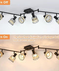 Six Light Bamboo LED Track Lighting Kit With Rattan Cage Industrial Ceiling Spotlight, off and on in kitchen island setting.