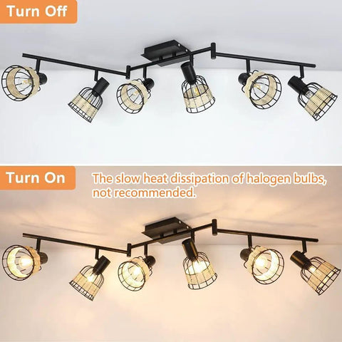 Six Light Bamboo LED Track Lighting Kit With Rattan Cage Industrial Ceiling Spotlight, off and on in kitchen island setting.