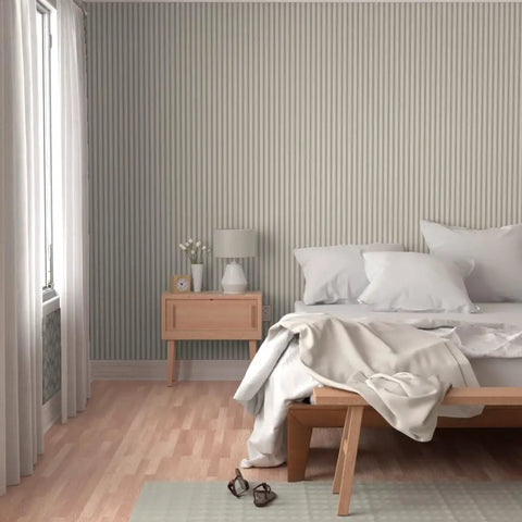 Kick Up Your Walls With Rustic Farmhouse PVC Free Type II Wallpaper Matte Linen Finish Heavy Duty For Kitchens And Baths Easy Paste To Paper Setup Good For Any Space, featuring a striped wall in a cozy bedroom.