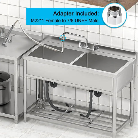 Commercial kitchen sink with 60 Inch Pre Rinse Sprayer Hose With Heat Resistant Handle Pro Grade Replacement, 7/8 In NPT Connector.