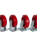 Straight Up Heavy Duty 6 Inch Polymer Swivel And Rigid Casters With Precision Sealed Bearings 1400 Lbs Capacity, red wheels on metal bases.