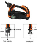 Two Pack Survival Paracord Bracelet With Flint Fire Starter Scraper Compass Whistle And Adjustable Wristband in orange and black