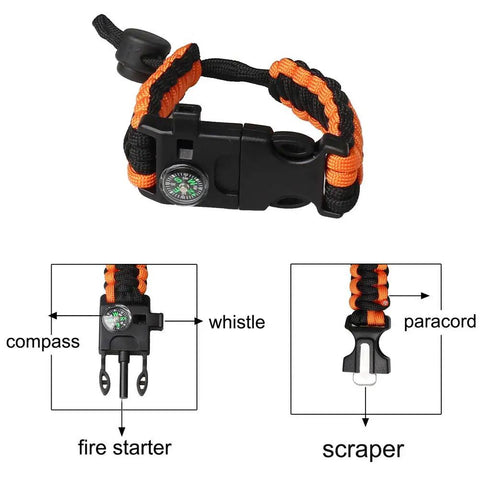 Two Pack Survival Paracord Bracelet With Flint Fire Starter Scraper Compass Whistle And Adjustable Wristband in orange and black
