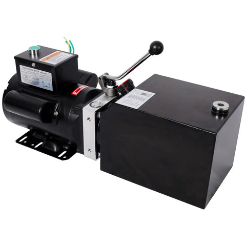 Heavy Duty Hydraulic Power Unit With 6 Quart Reservoir And Single Phase Motor, featuring a steel motor and hydraulic lever, used for auto lifts.