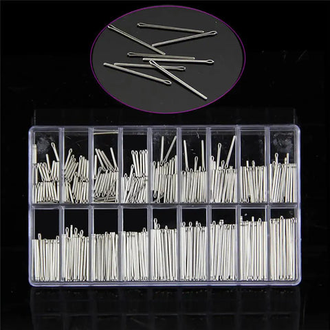 Stainless Steel Watch Band Spring Bars And Link Pins Kit 360 Pcs Assortment displayed in a transparent case for watch repairs and upgrades.