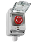 Rugged IP67 Outdoor Red Emergency Stop Button Switch Box with Protective Cover, Pro Grade Industrial Use, Waterproof Seal