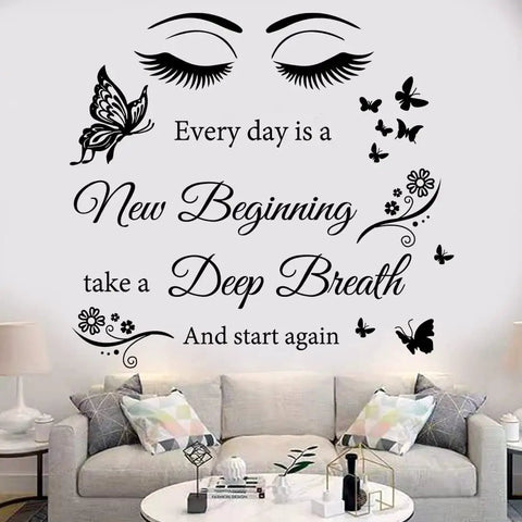 Every Day Is A New Beginning Inspirational Wall Art Sticker Set in living room with butterfly and floral design.