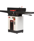 Badass Eight Inch Jointer Featuring Helical Cutterhead And Two Horsepower Motor Delivers Hella Smooth Cuts for serious woodworkers, side view.