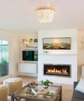 Boho Bohemia Wood Beaded Flush Mount Ceiling Light Three Light Fixture With White Finish in modern living room setting.