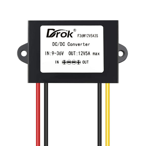 Front view of a 9V-36V To 12V DC Buck Boost Converter Waterproof Rugged Auto Step Up Down Voltage Regulator 5A 60W