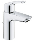 Eurosmart Single Hole Bathroom Faucet Single Handle Chrome Finish 1.2 GPM Flow, side view, showing angled aerator and sleek design.