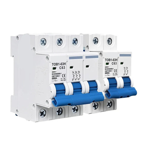 Tough As Nails Heavy Duty MCB Miniature Circuit Breaker C Curve 63 Amp 230 400 Volt Panel Switch with blue switches.