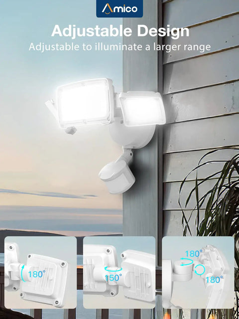 40W Remote LED Security Light With Motion Sensor, 4000 Lumens, mounted on house exterior, adjustable angles shown, outdoor use.