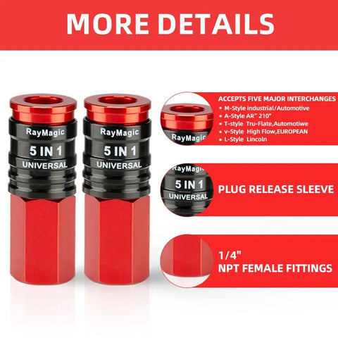 5In1 Universal Quick Connect Air Coupler Kit With 1/4 Inch Female NPT Fittings, 2 Pack Red Air Hose Connectors For Air Compressors