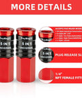 Heavy Duty 5 In 1 Universal Quick Industrial Air Coupler With Dead Simple Setup And Knockout Durability For 1/4 Inch Female Npt Air Compressor Fittings Quick Connect Accessory In Bold Red with multiple interchanges.