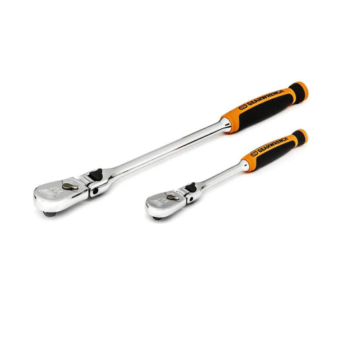 Two Piece 1/4 And 3/8 Inch Drive Ratchet Set With 90-Tooth Locking Flex Head Teardrop Design in dual material grips shown on white background