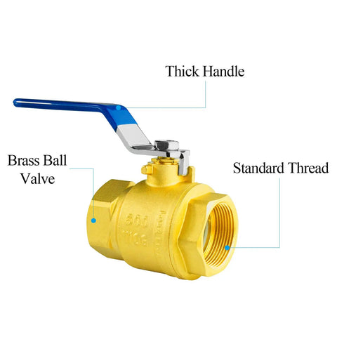 3/4 Inch Full Port Brass Ball Valve With 1/4 Turn Blue Handle For Smooth Shuts, 600 WOG, NPT FIP Connections, side view