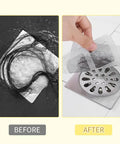 Before and after images of Disposable Shower Drain Covers That Are Absolute Lifesavers For Stopping Hair Clogs Cold Easy Peel Mesh Screens.
