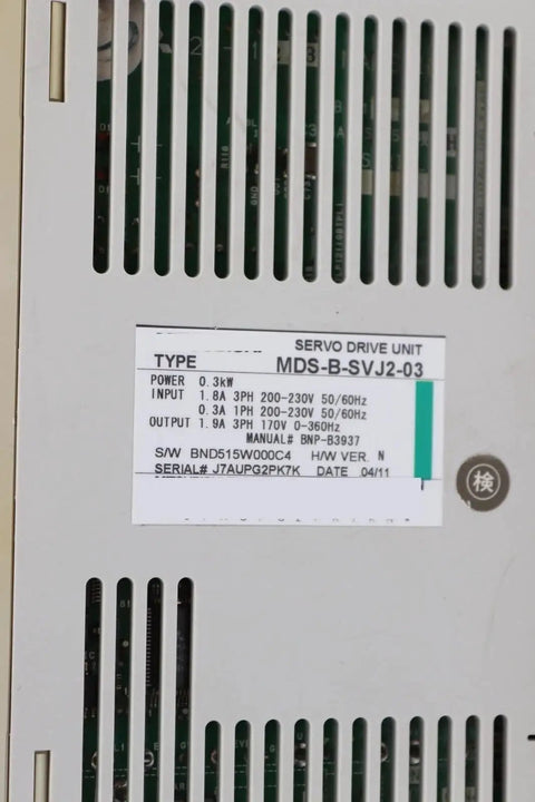 CNC Servo Drive Amplifier 0.3 kW Three Phase 200 To 230V Industrial Motion Control Unit Sealed In Box Ready To Plug In For Heavy Duty Machining And Automation, label close-up