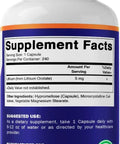 Back label of the Lithium Orotate 5mg Mood Support Supplement, 240 Veggie Capsules, showing supplement facts and ingredients.