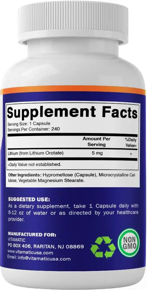 Back label of the Lithium Orotate 5mg Mood Support Supplement, 240 Veggie Capsules, showing supplement facts and ingredients.