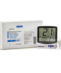 Triple Display Digital Refrigerator And Freezer Thermometer With Single Probe Large Digits Real Time Current Min Max Temperatures And Date Stamp For Medical Lab And Food Safety Use shown with packaging.