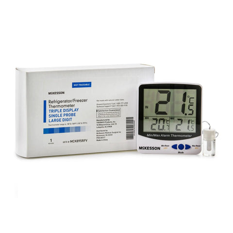 Triple Display Digital Refrigerator And Freezer Thermometer With Single Probe Large Digits Real Time Current Min Max Temperatures And Date Stamp For Medical Lab And Food Safety Use shown with packaging.