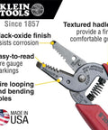 Made In USA Compact Wire Stripper And Cutter For 16 To 26 AWG Stranded Wire With Narrow Nose Self Opening Spring, close-up view