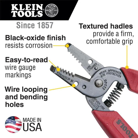 Made In USA Compact Wire Stripper And Cutter For 16 To 26 AWG Stranded Wire With Narrow Nose Self Opening Spring, close-up view