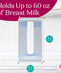 Heavy Duty Breast Milk Storage Tower And Freezer Organizer Rack For New Moms shown with measurements in refrigerator.