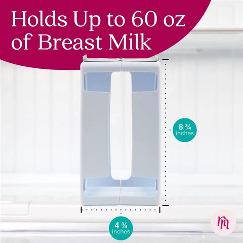Heavy Duty Breast Milk Storage Tower And Freezer Organizer Rack For New Moms shown with measurements in refrigerator.