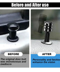Before and after of car door showing Four Piece Aluminum Car Door Lock Knob Set With Lift Bolts And Inner Pull Pins Durable Black.