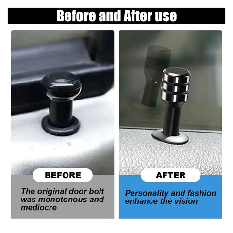 Before and after of car door showing Four Piece Aluminum Car Door Lock Knob Set With Lift Bolts And Inner Pull Pins Durable Black.
