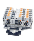 Close-up of 10 Pack Of Durable Gray Push In Din Rail Terminal Blocks Featuring Tool Free Quick Connect Three Wire Contacts for easy wiring.