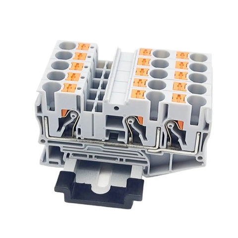 Close-up of 10 Pack Of Durable Gray Push In Din Rail Terminal Blocks Featuring Tool Free Quick Connect Three Wire Contacts for easy wiring.