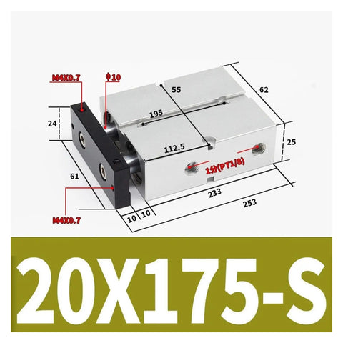 Dimensions of Twin Shaft Pneumatic Actuator With Linear Guidance And Guided Rail, Compact, Tight Space Friendly, Model TN20X175S