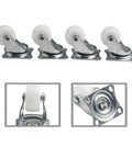 Twelve Piece Set Of One Inch Swivel Casters Featuring Cushioned Rubber Wheels And Polished Silver Ball Bearings That Roll Smooth Without A Hitch Heavy Duty Hardware Built Tough For Utility Carts And Furniture close-up of four swivel casters with rubber wheels.