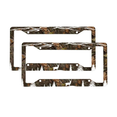 Hunting Deer License Plate Frame 2 Pack Universal Aluminum Tag Holder 12.3 X 6.3 Inches Car Accessories Decor with camo pattern