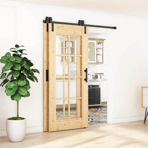 Installed Single Track Bypass Sliding Barn Door Hardware Kit For Double Doors With Low Ceiling Clearance, Flat Track Roller System