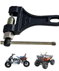 Chain breaker rivet tool for motorcycle/ATV chains, black metal, fits 420–530 sizes.