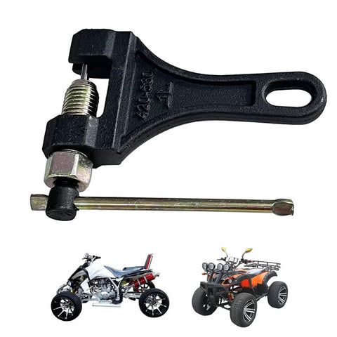 Chain breaker rivet tool for motorcycle/ATV chains, black metal, fits 420–530 sizes.