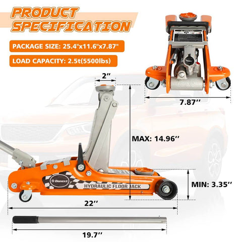 2.5 Ton Steel Floor Jack With Low Profile Design, Hydraulic Racing Floor Jack, Heavy Duty Jack With Beefy Single Piston Lift Pump, Lifting Range From 3 3/8 Inches To 14 15/16 Inches, Built For Low Clearance Cars And Trailers