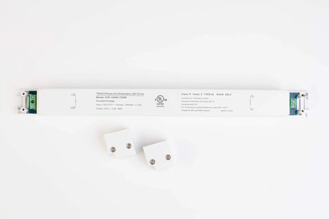 24V UL Listed Triac Dimmable LED Driver And Transformer with connectors on white background