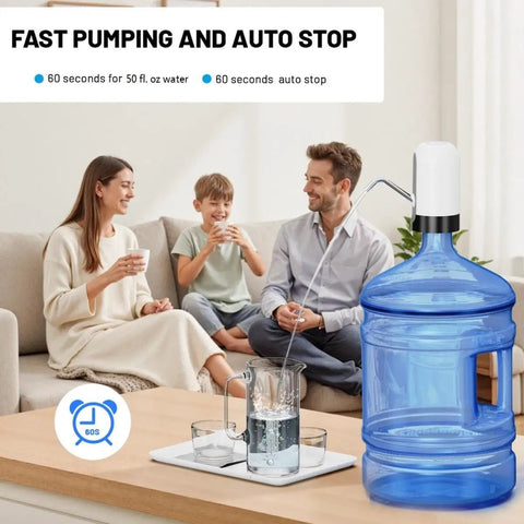 Portable USB Charged Water Pump For 3 To 5 Gallon Jugs Electric Drinking Water Dispenser for family in living room next to jug.