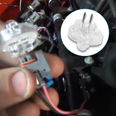 DPTOOL fuel injector noid light test kit with clear two-pin plug; compatible with GM, Ford, Bosch PFI/TBI.