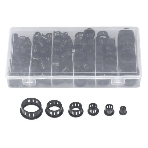 Super Cool Heavy Duty Nylon Cable Grommet Kit With 160 Pieces In Six Size Options For Fast Wire Management, Electrical Snap Insulating, And Diy Repair Jobs That Keep Your Home Or Car Looking Fresh And Safe. clear plastic organizer with black nylon cable grommets