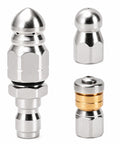 Three Pack Sewer Jetter Nozzle Kit With Stainless Steel Rotating Button Nose And Fixed Nozzles For One Quarter Inch Quick Connect Wands Up To Five Thousand PSI Perfect For Clearing Clogs In Drains Pipes And Sewer Lines With Your Pressure Washer shown in close-up view